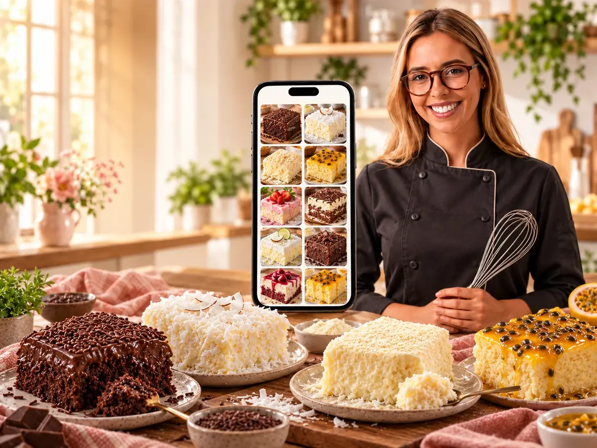 Chef Luana com bolos gelados e receitas exibidas no celular