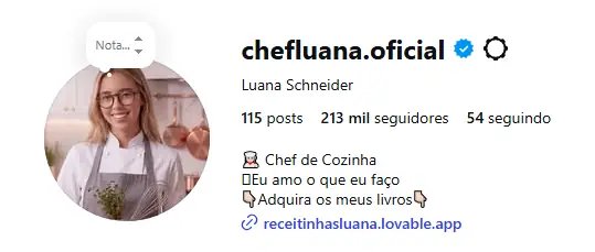 Perfil verificado da Chef Luana no Instagram com mais de 213 mil seguidores